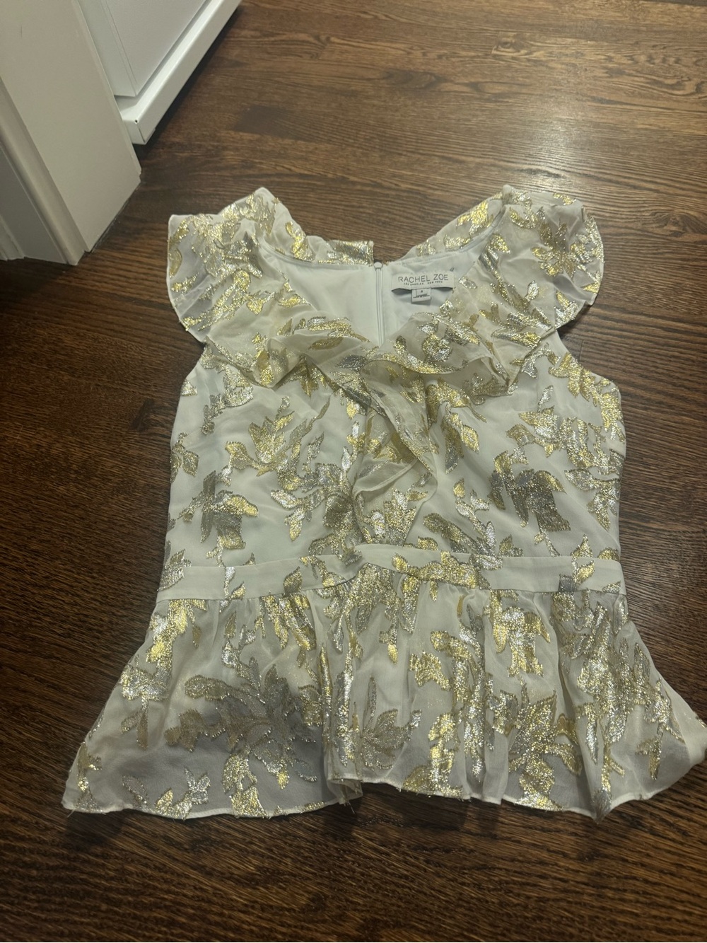 Rachel Zoe White and Gold Floral Ruffle Peplum Dress for Girls